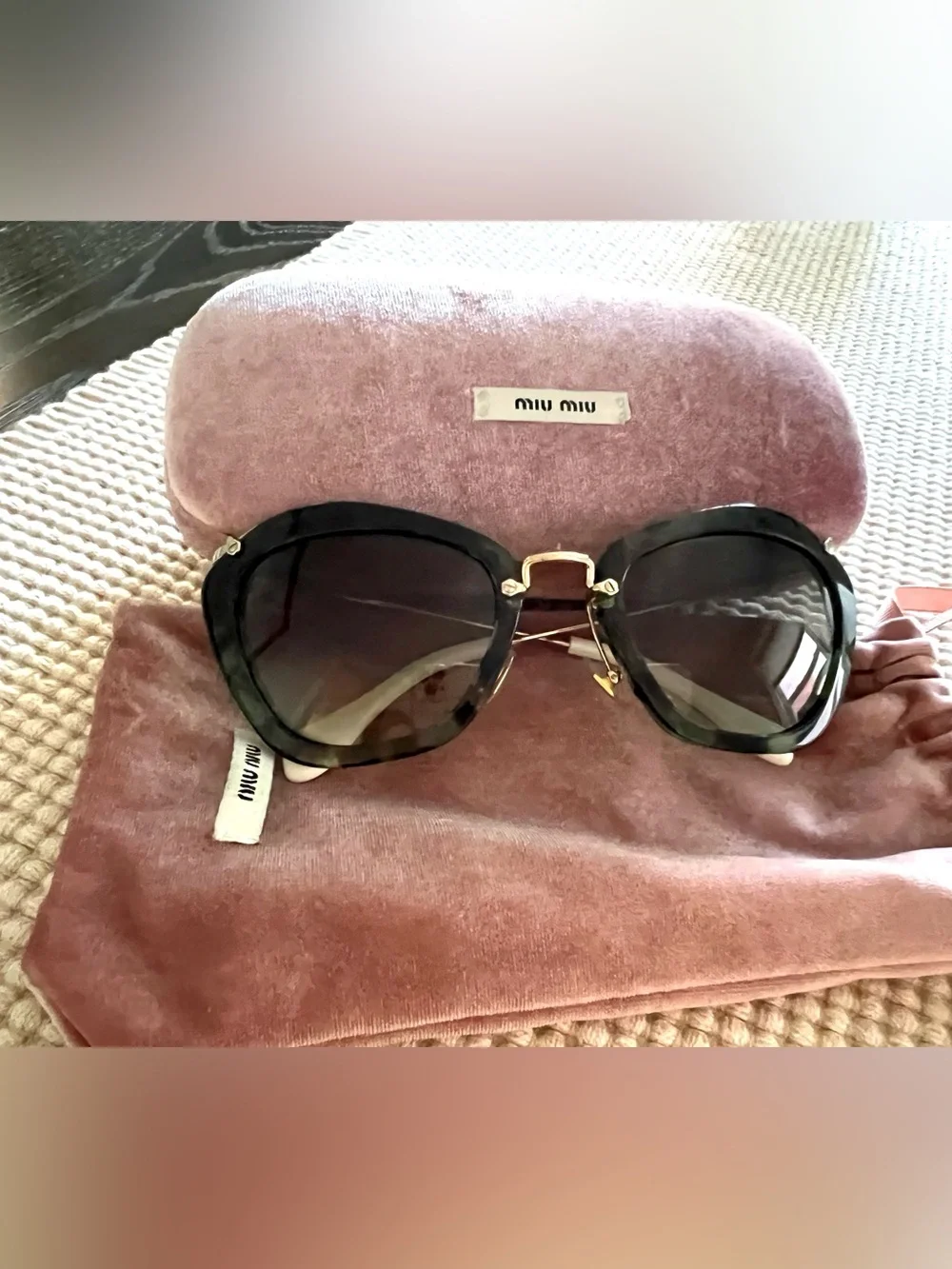 Miu Miu Green and Gold Round Cat-Eye Sunglasses